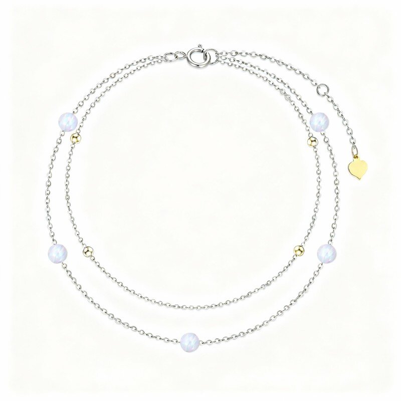 Tobillera de oro blanco de 10 quilates con ópalo de talla redonda y múltiples capas.-17