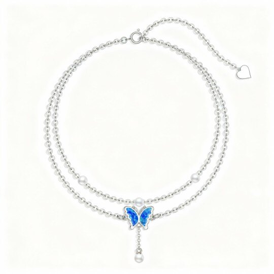 10K White Gold Round Cut Opal & Pearl Butterfly Multi-layered Charm Anklet
