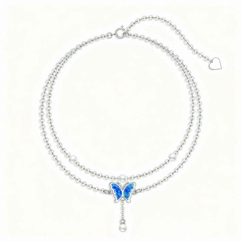 10K White Gold Round Cut Opal & Pearl Butterfly Multi-layered Charm Anklet-10