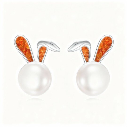 10K White Gold Round Cut Opal & Pearl Rabbit Stud Earrings