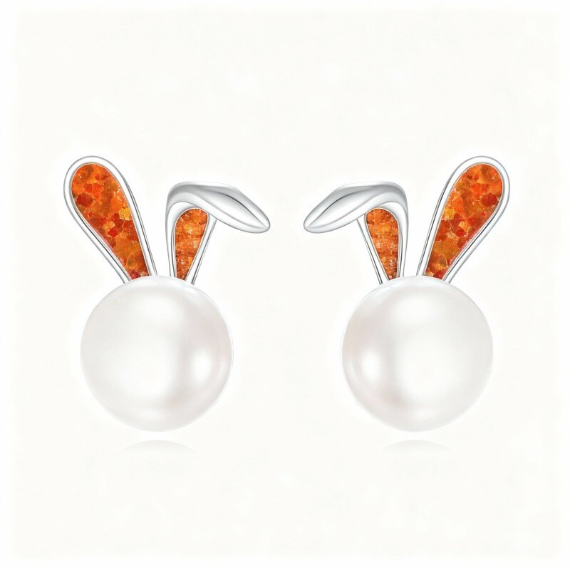 Brincos coelho em ouro branco 10K com opala redonda e pérola.-19