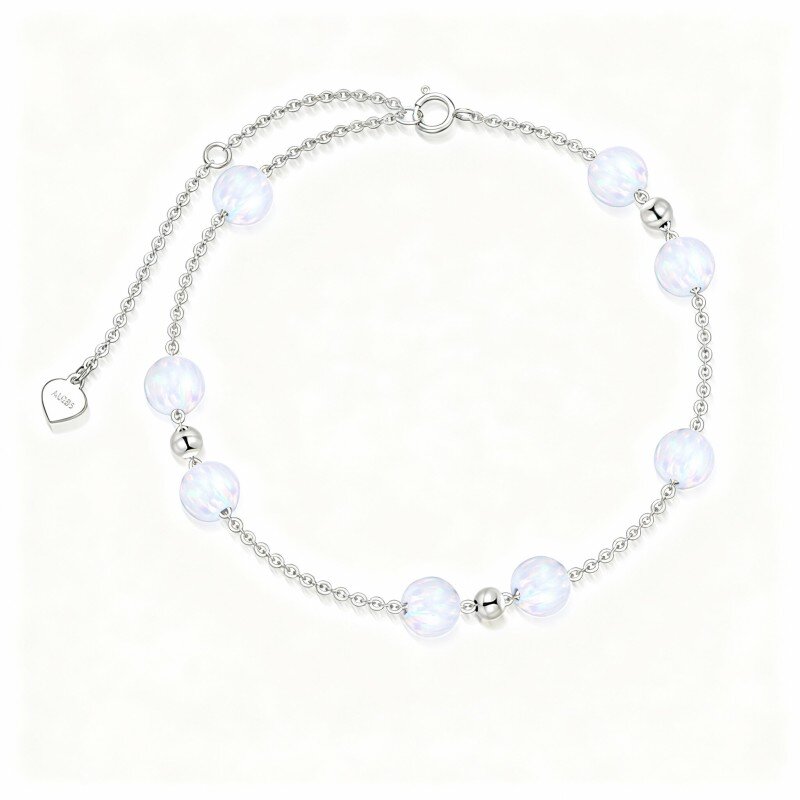 10K White Gold Round Cut Opal Single Layer Charm Anklet-6