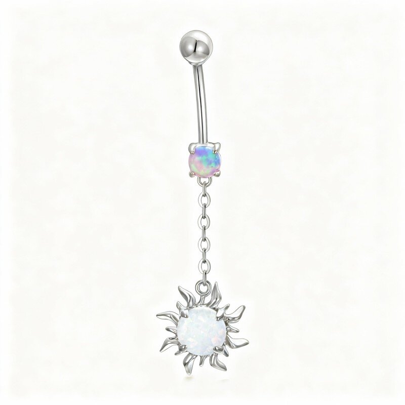 10K White Gold Round Cut Opal Sun Belly Button Ring-1