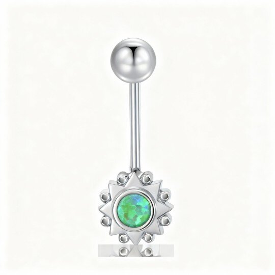 10K White Gold Round Cut Opal Sun Belly Button Ring