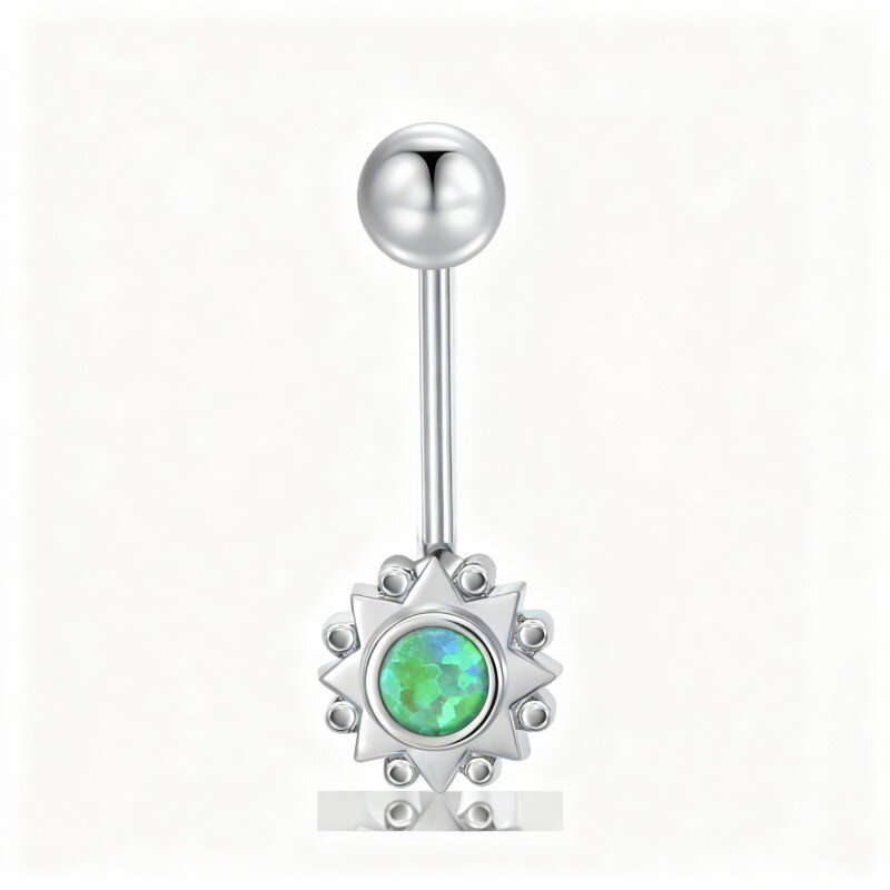 10K White Gold Round Cut Opal Sun Belly Button Ring-14