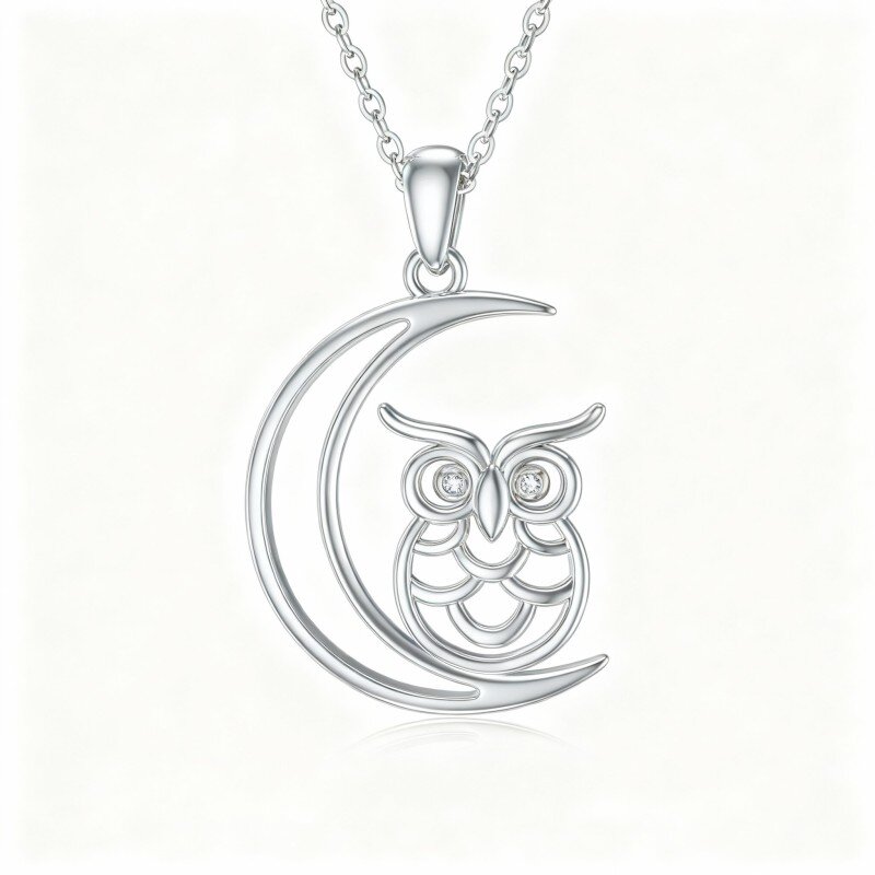 9K White Gold Round Cut Cubic Zirconia Owl Pendant Necklace-12