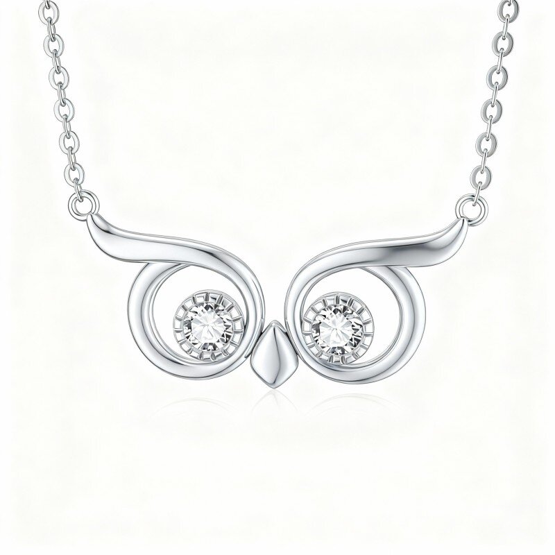 10K White Gold Round Cut Cubic Zirconia Owl Pendant Necklace-4