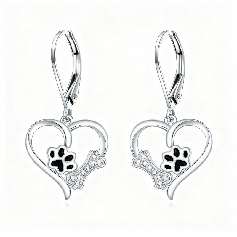 10K White Gold Round Cut Cubic Zirconia Paw & Bone & Heart Lever-back Earrings-10