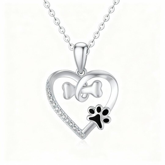 Collier pendentif en or blanc 10 carats avec zircon cubique rond en forme de patte, d'os et de cœur