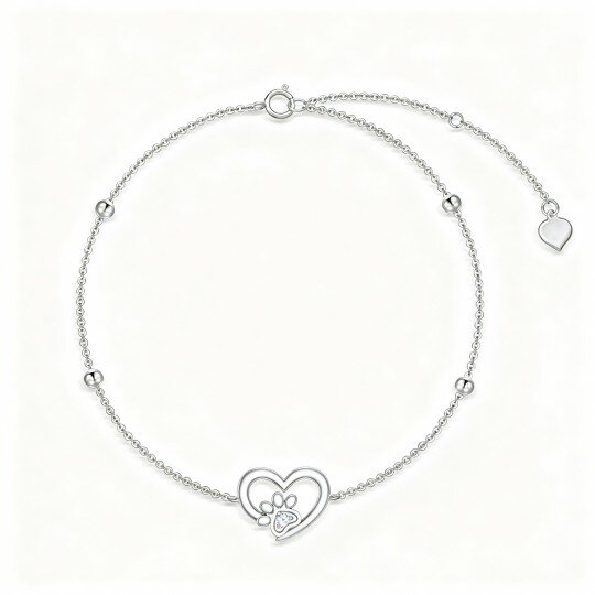 10K White Gold Round Cut Cubic Zirconia Paw & Heart Charm Bracelet