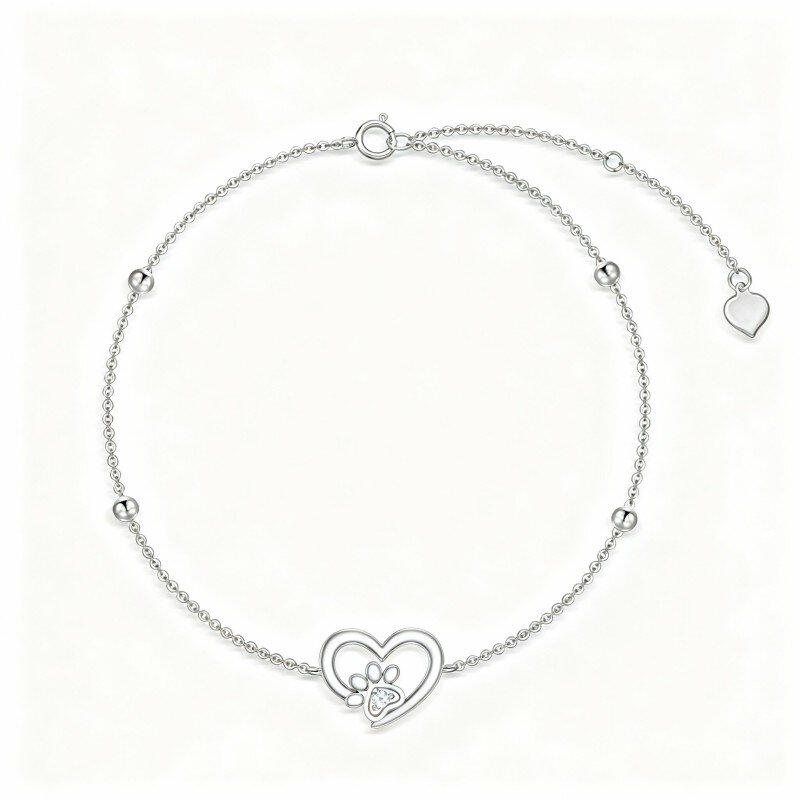 10K White Gold Round Cut Cubic Zirconia Paw & Heart Charm Bracelet-10