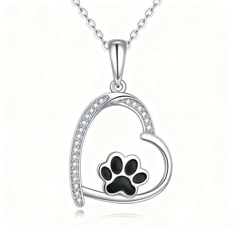 10K White Gold Round Cut Cubic Zirconia Paw & Heart Pendant Necklace-14
