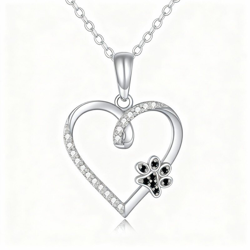Collana con ciondolo a forma di zampa e cuore in oro bianco 10 carati con zirconi cubici taglio rotondo-14