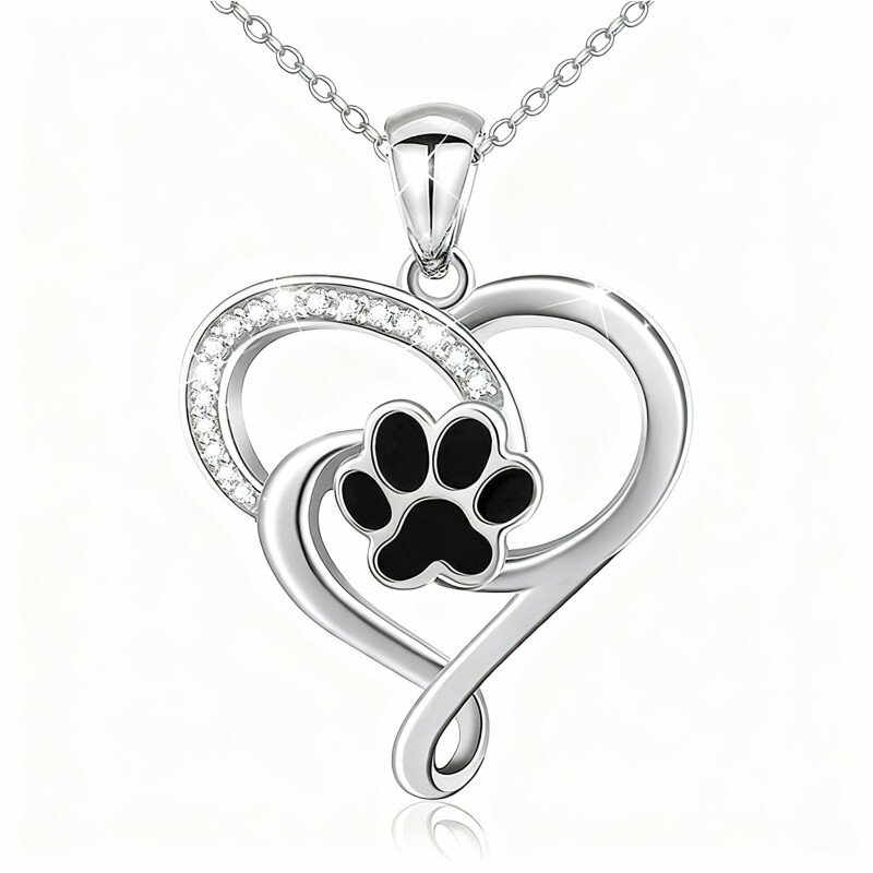 10K White Gold Round Cut Cubic Zirconia Paw & Heart Pendant Necklace-16
