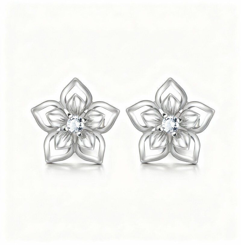 10K White Gold Round Cut Cubic Zirconia Peach Blossom Stud Earrings-4