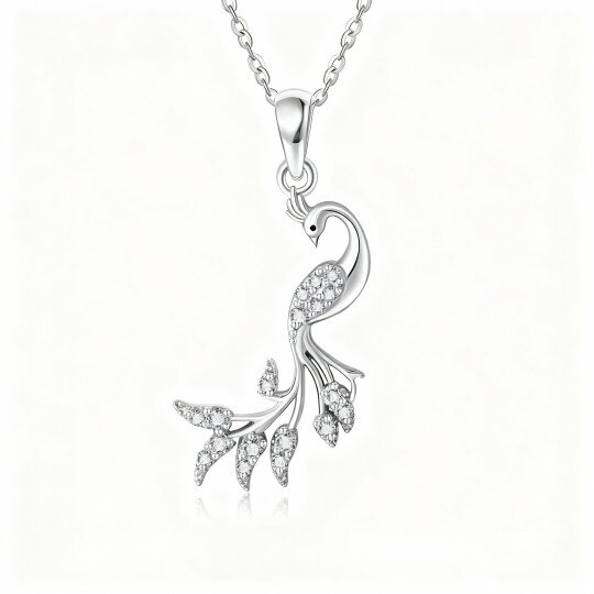 10K White Gold Round Cut Cubic Zirconia Peacock Pendant Necklace