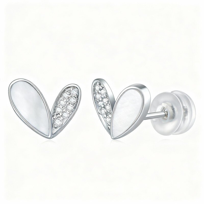 10K White Gold Round Cut & Pear Cut Cubic Zirconia & Mother Of Pearl Heart Stud Earrings-11