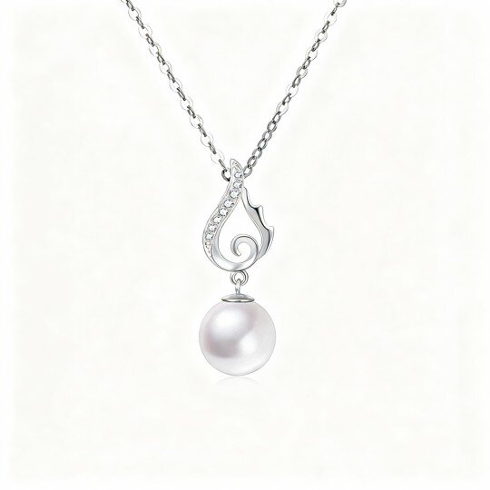 10K White Gold Round Cut Pearl Angel Wing Pendant Necklace