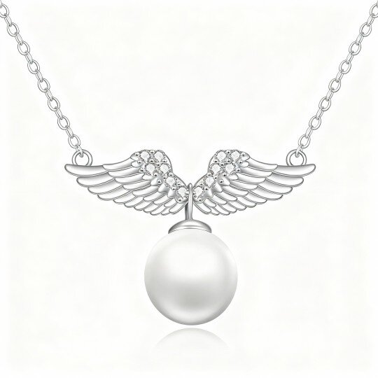 Colar com pendente de asa de anjo em ouro branco 10K com pérola de corte redondo