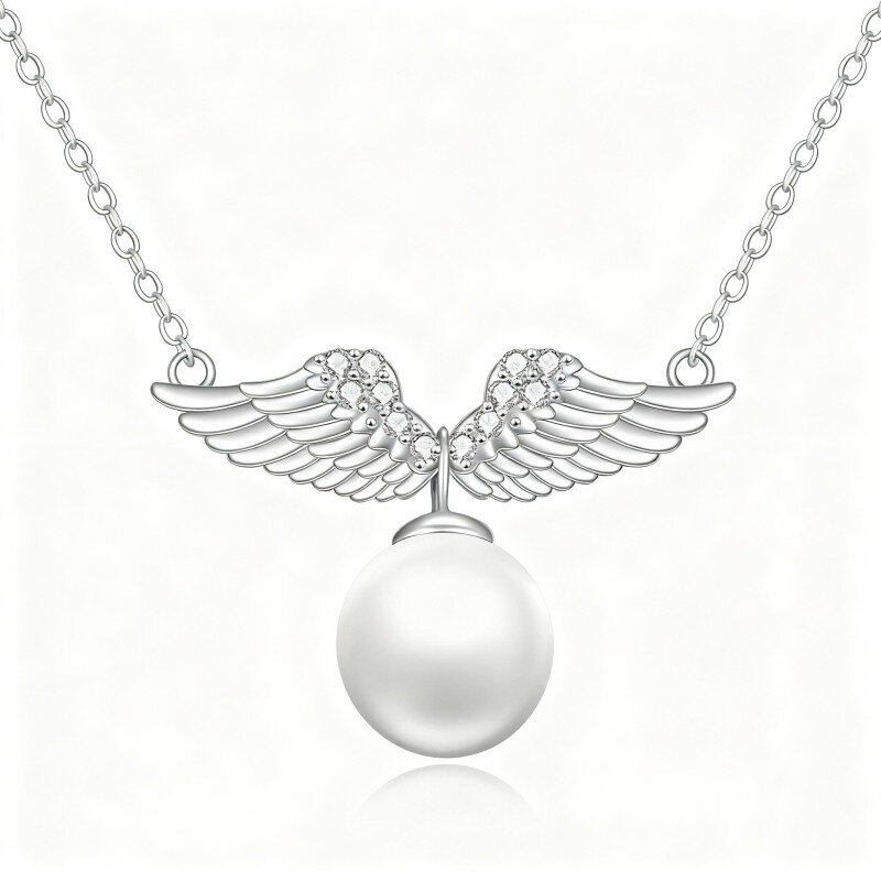 10K White Gold Round Cut Pearl Angel Wing Pendant Necklace-13
