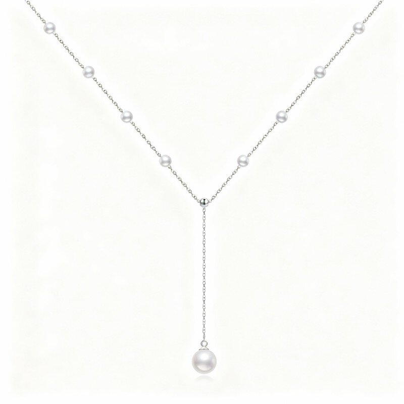 10K White Gold Round Cut Pearl Bead Adjustable Y Necklace-1