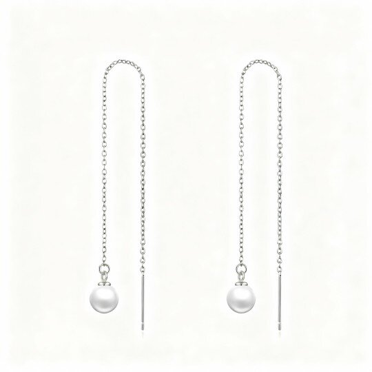 10K White Gold Round Cut Pearl Bead Drop Earrings