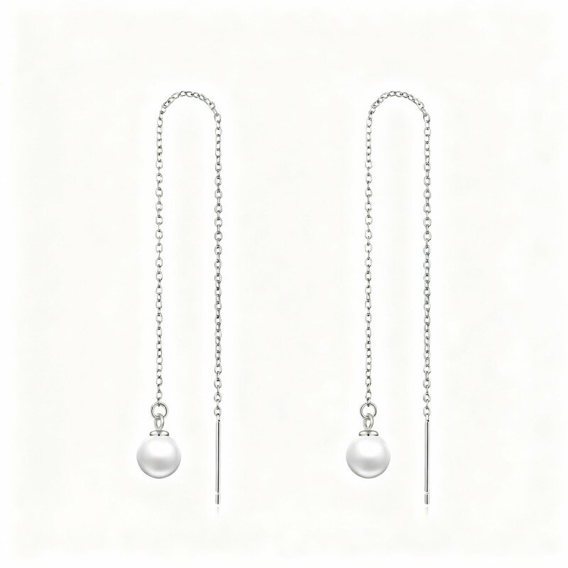 10K White Gold Round Cut Pearl Bead Drop Earrings-9