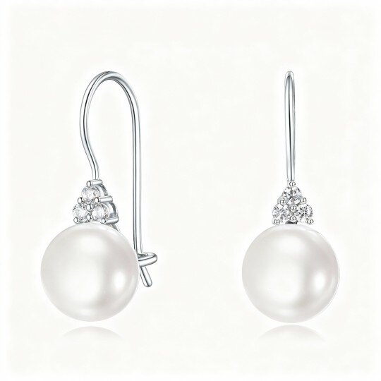 10K White Gold Round Cut Pearl Bead Drop Earrings
