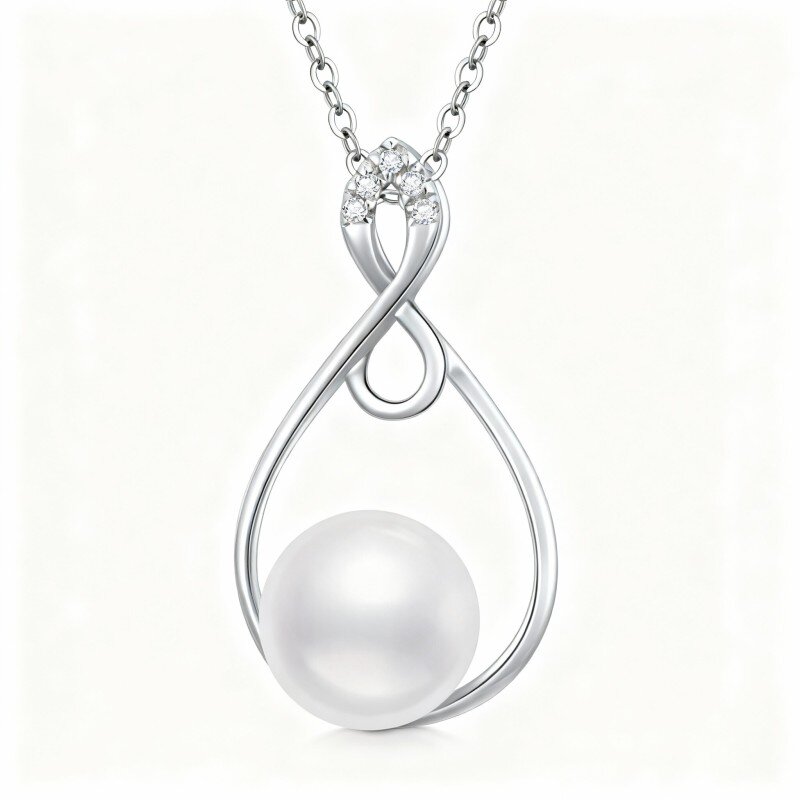 10K White Gold Round Cut Cubic Zirconia & Pearl Bead & Infinity Symbol Pendant Necklace-13
