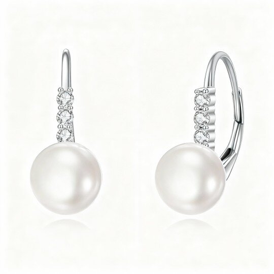 10K White Gold Round Cut Pearl Bead Lever-back Earrings