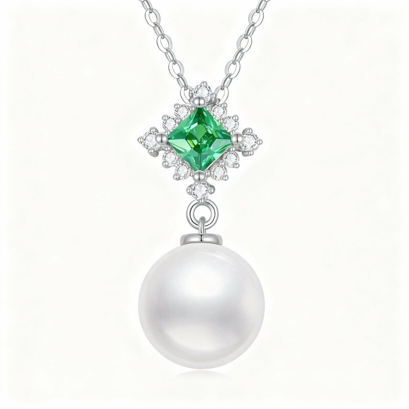10K White Gold Round Cut Cubic Zirconia & Pearl Bead Pendant Necklace-4