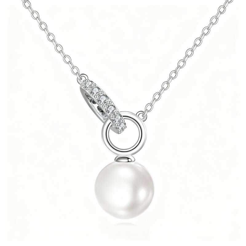 10K White Gold Round Cut Cubic Zirconia & Pearl Bead Pendant Necklace-3