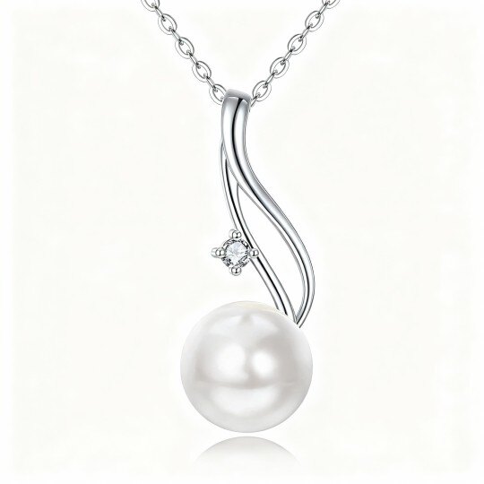 Collana con ciondolo in oro bianco 10K con zirconi cubici taglio rotondo e perle