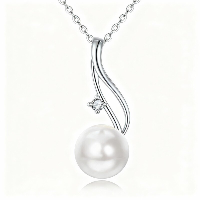 10K White Gold Round Cut Cubic Zirconia & Pearl Bead Pendant Necklace-4