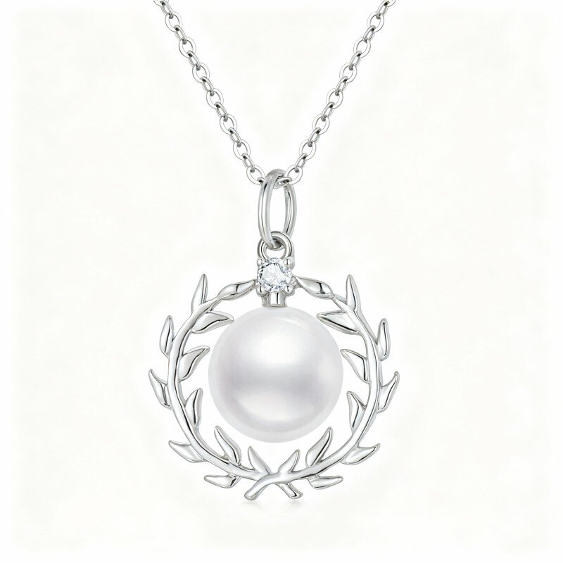 10K White Gold Round Cut Cubic Zirconia & Pearl Bead Pendant Necklace-6