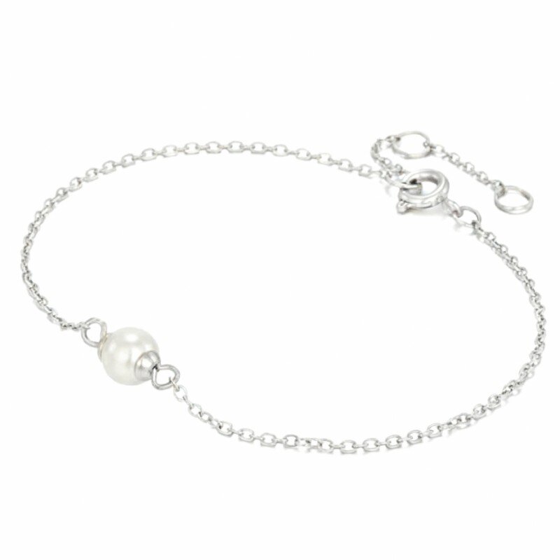 10K White Gold Round Cut Pearl Bead Single Layer Charm Anklet-5
