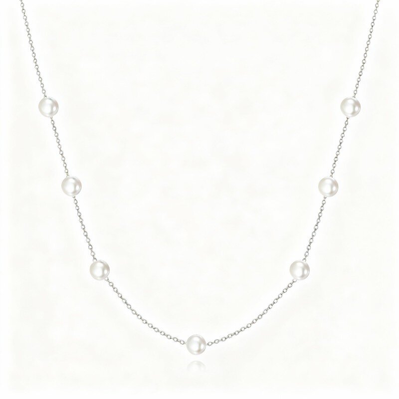 10K White Gold Round Cut Pearl Bead Bead Station Necklace-2