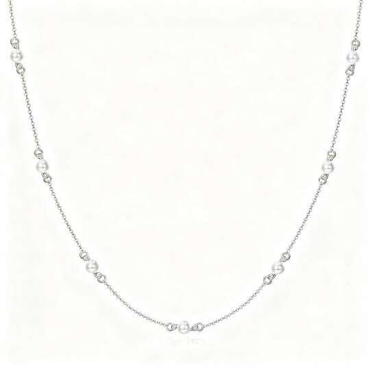 10K White Gold Round Cut Pearl Bead Bead Station Necklace
