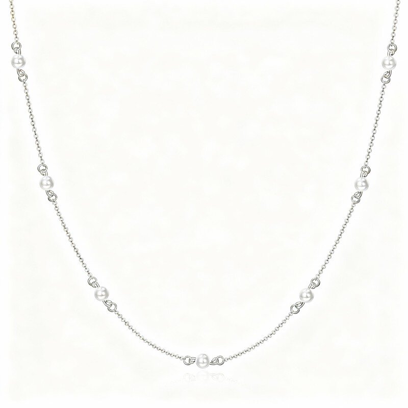 10K White Gold Round Cut Pearl Bead Bead Station Necklace-17