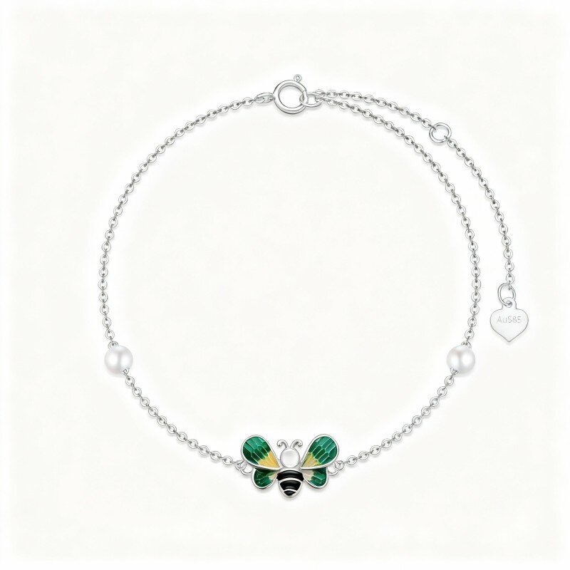 10K White Gold Round Cut Pearl Bee Single Layer Charm Anklet-7
