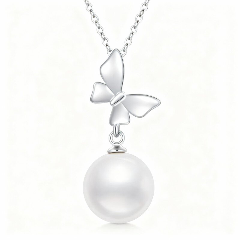 10K White Gold Round Cut Pearl Bow Pendant Necklace-2