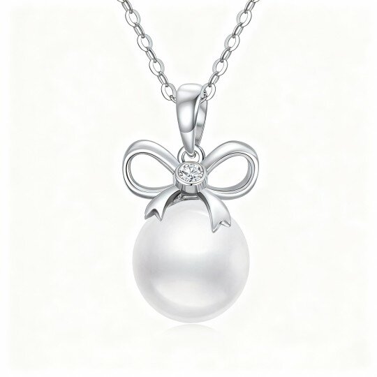 10K White Gold Round Cut Pearl Bow Pendant Necklace