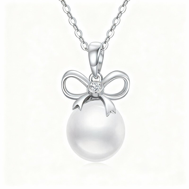 10K White Gold Round Cut Pearl Bow Pendant Necklace-11