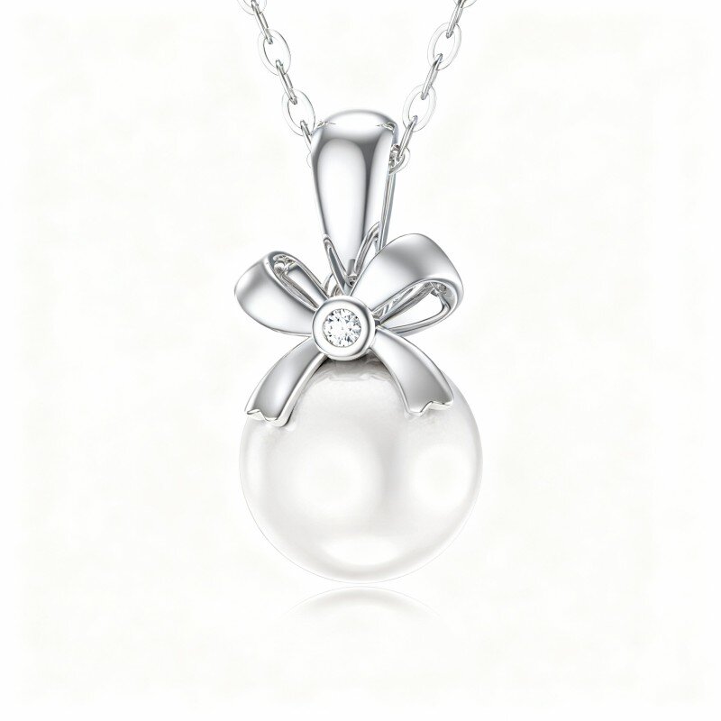 10K White Gold Round Cut Pearl Bow Pendant Necklace-1
