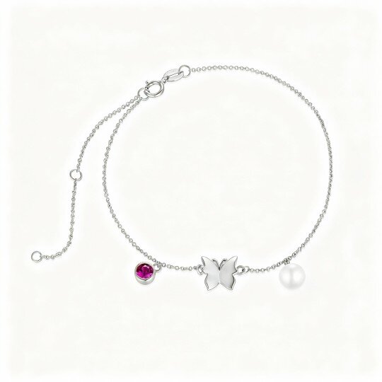 Pulseira com pendente borboleta em ouro branco 9K com pérola de corte redondo