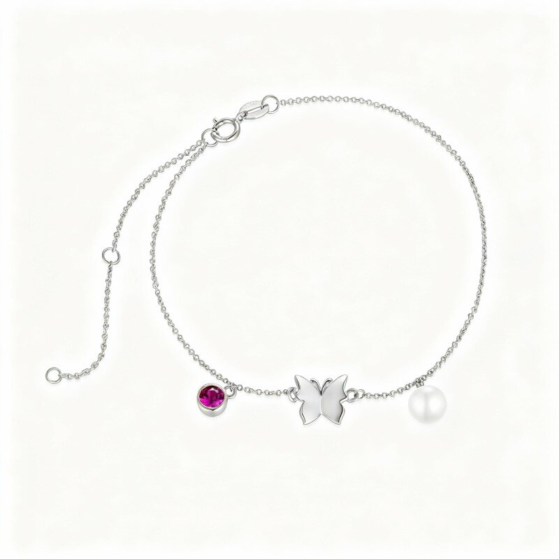 Pulseira com pendente borboleta em ouro branco 9K com pérola de corte redondo-10