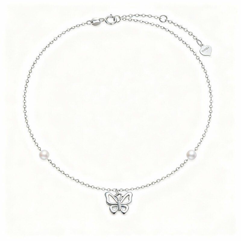 Pulsera con dije de mariposa y perla de corte redondo en oro blanco de 10 quilates-9