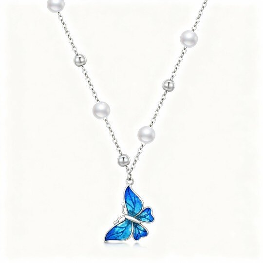 10K White Gold Round Cut Pearl Butterfly Pendant Necklace