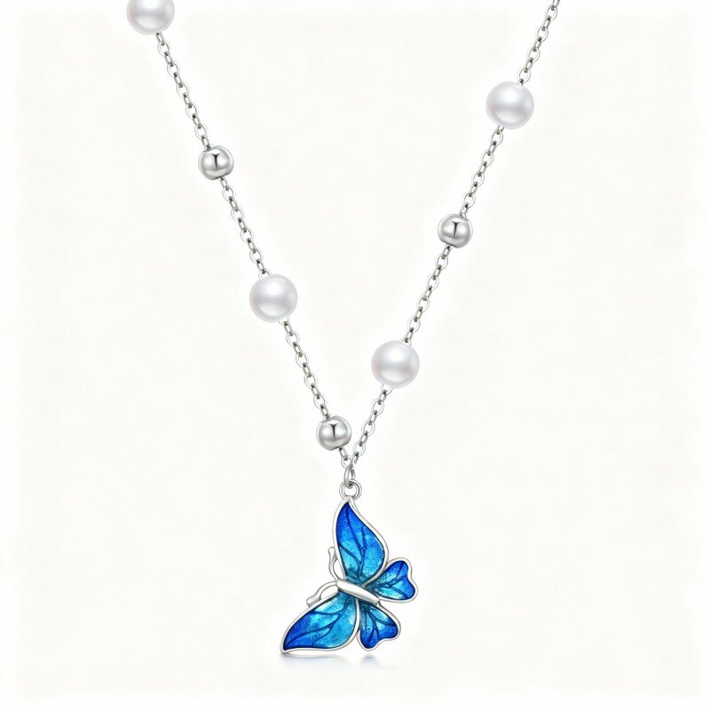 Colar com pendente borboleta em ouro branco 10K com pérola de corte redondo-11