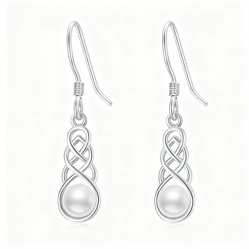 10K White Gold Round Cut Pearl Celtic Knot Drop Earrings-6